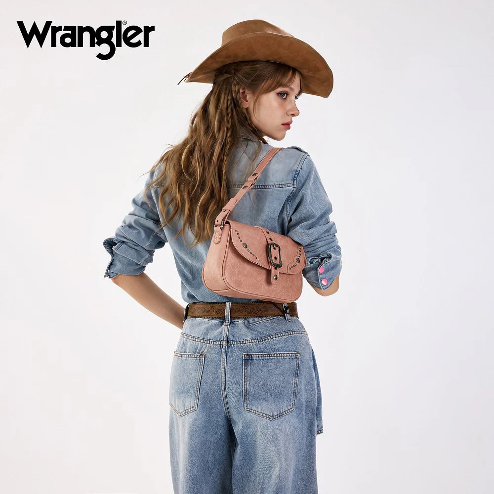 Wrangler Western Buckle Studded Shoulder Crossbody Bag - Pink