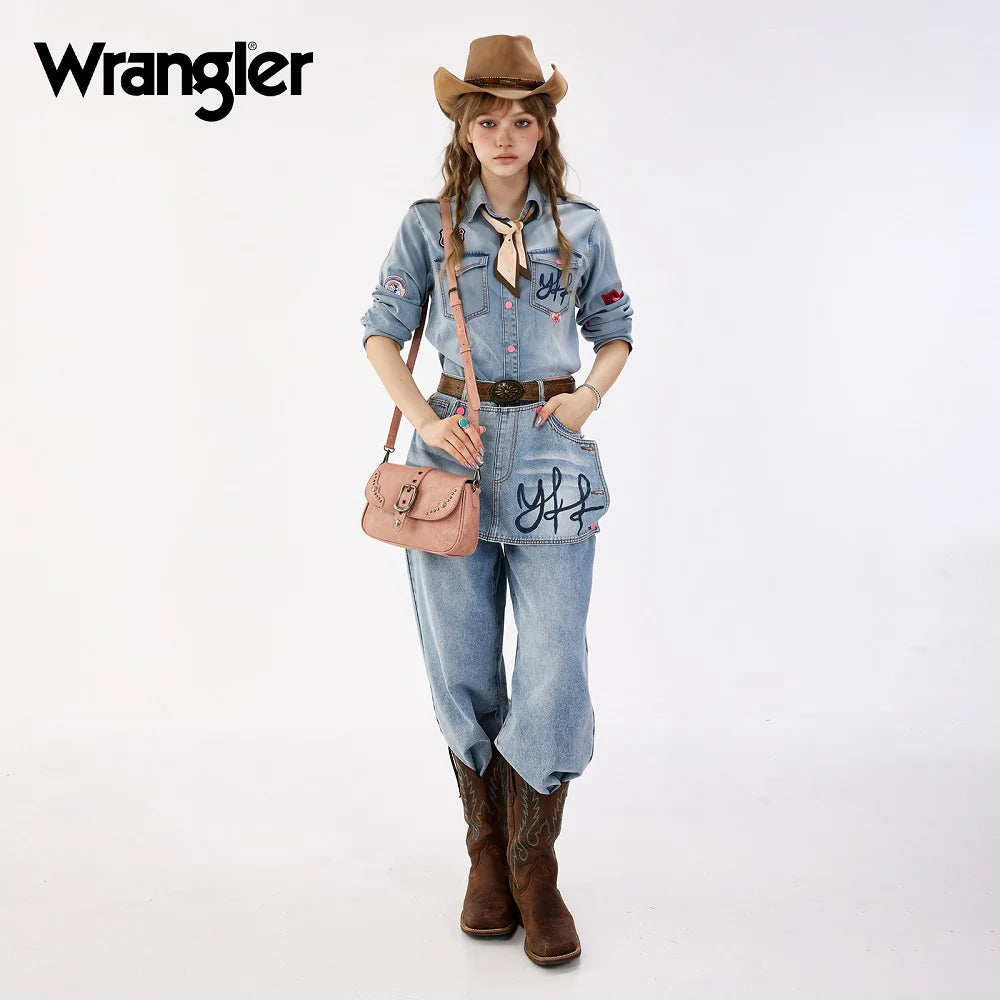 Wrangler Western Buckle Studded Shoulder Crossbody Bag - Pink