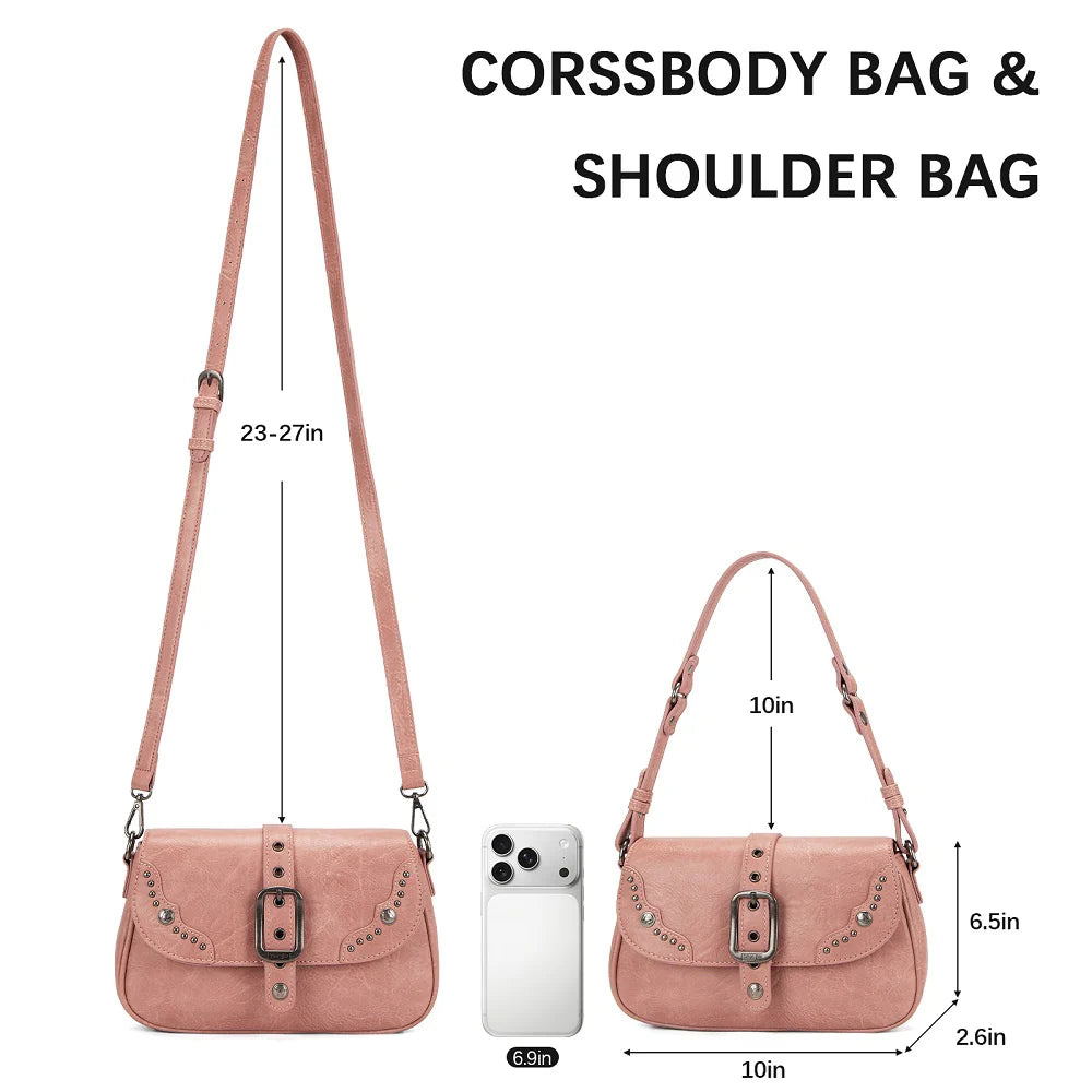 Wrangler Western Buckle Studded Shoulder Crossbody Bag - Pink