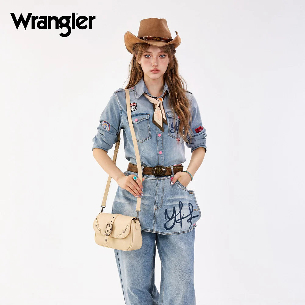 Wrangler Western Buckle Studded Shoulder Crossbody Bag - Tan