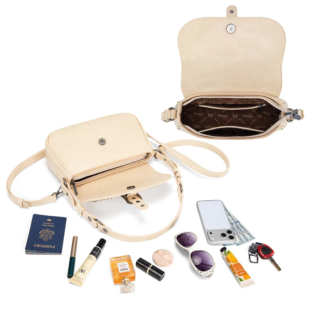 Wrangler Western Buckle Studded Shoulder Crossbody Bag - Tan
