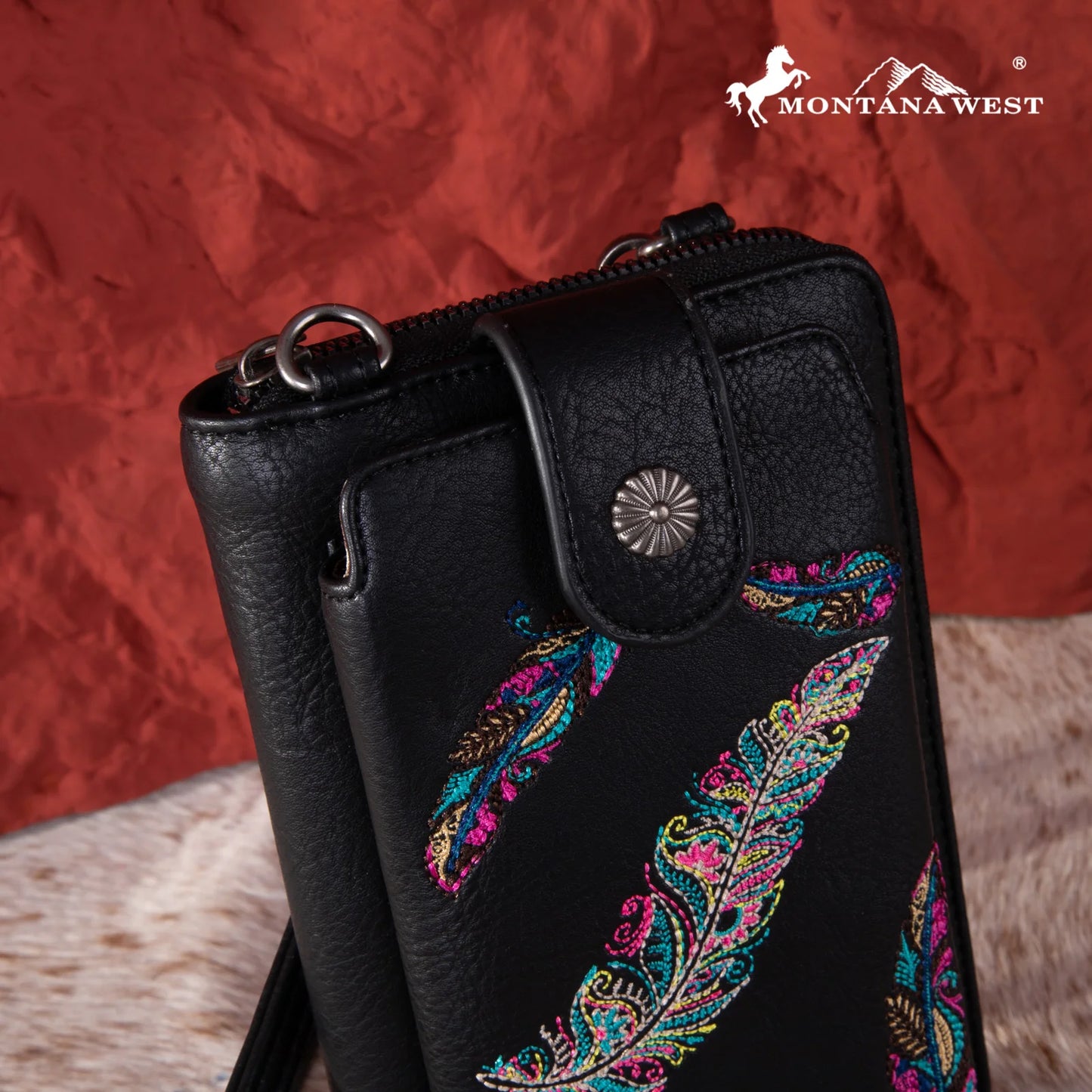 Montana West Embroidered Collection Phone Wallet/crossbody Black
