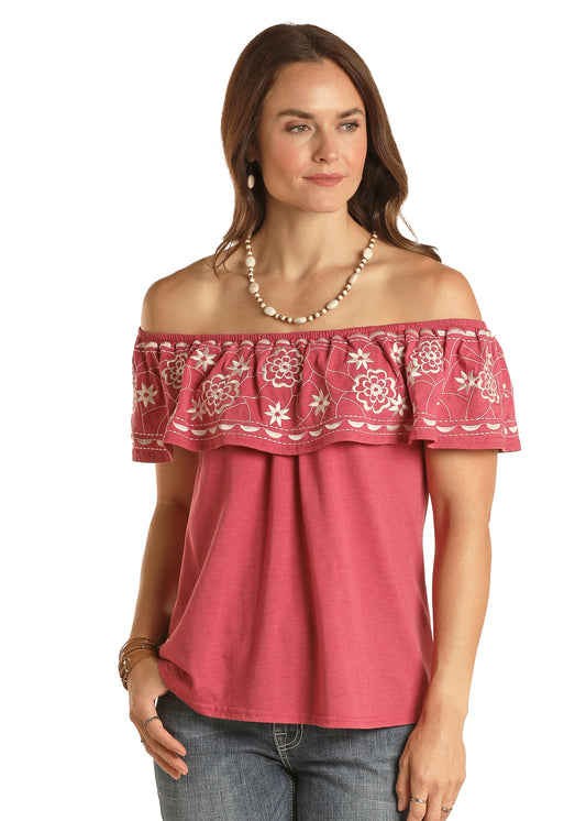 Rock & Roll Panhandle Women's Off-The-Shoulder Embroidered Knit Top Rose