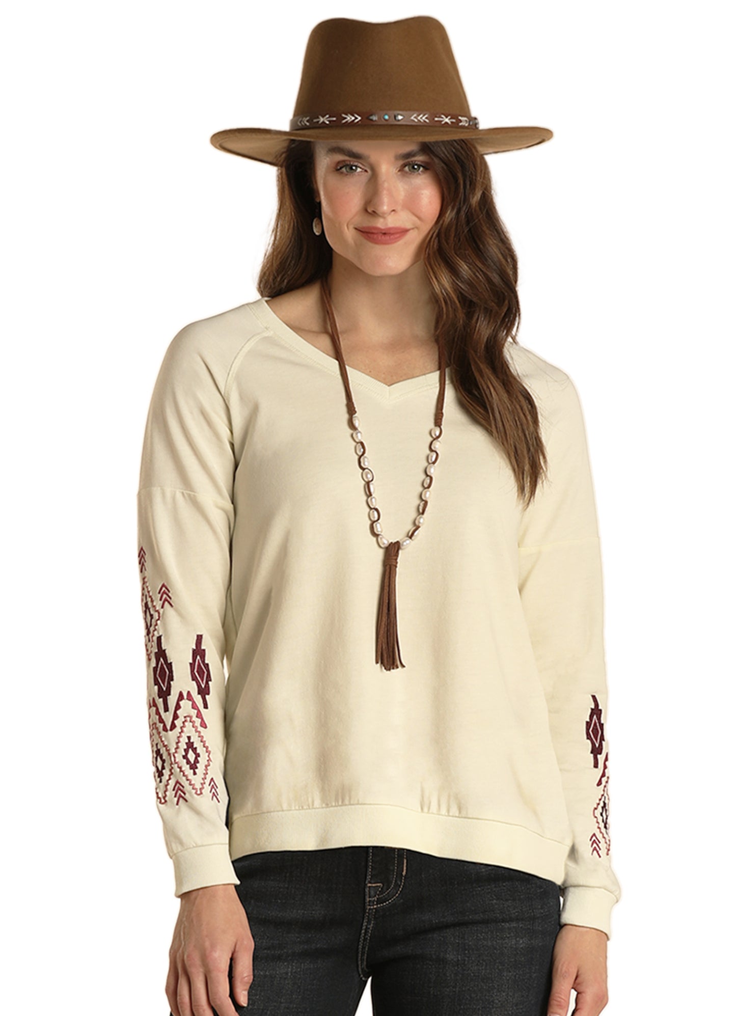 Rock & Roll Panhandle Women's Embroidered Sleeve Sweatshirt Cream