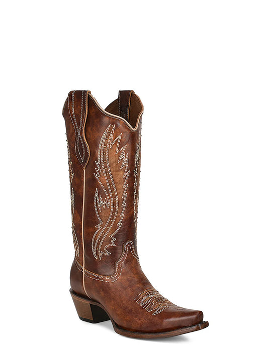 Circle G Ladies L2068 Embroidery And Studs Tan Snip Toe Cowboy Boots