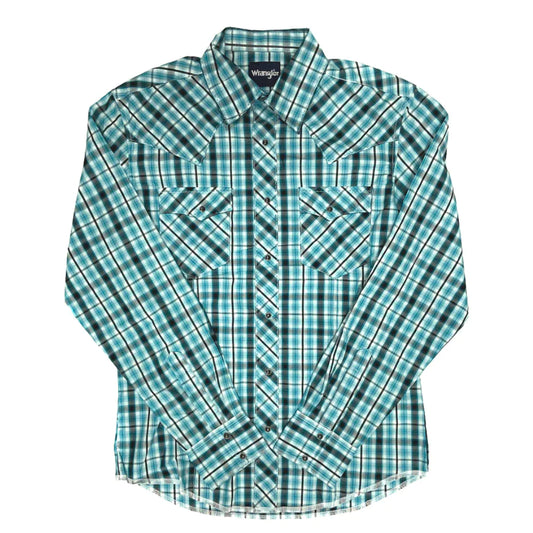 Men's Long Sleeve Fashion Western Snap Plaid Shirt In Turquoise