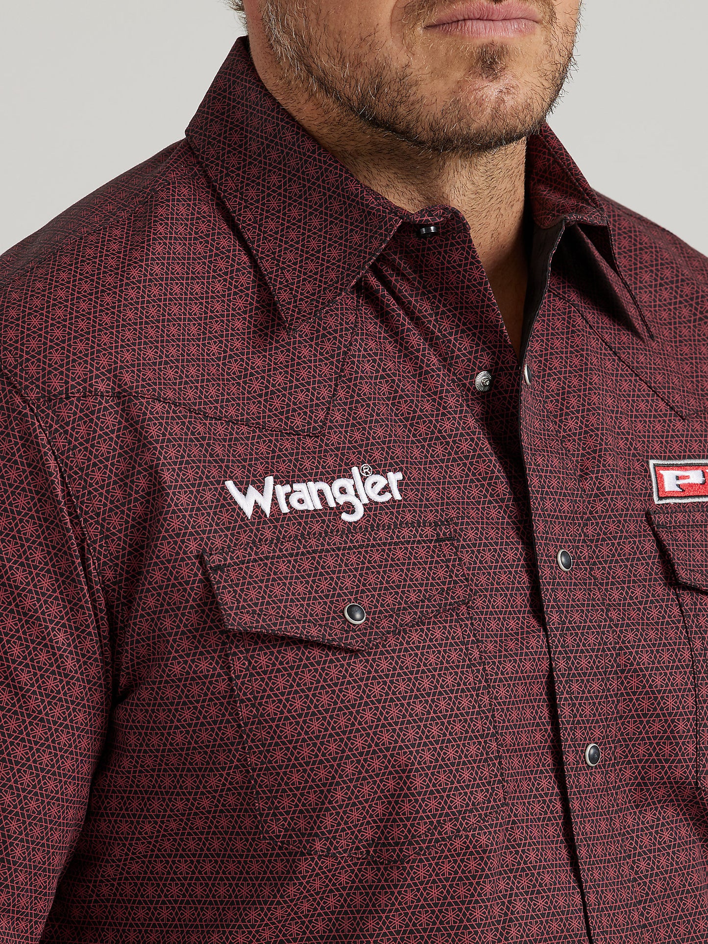 Men's Wrangler® Pbr® Logo Long Sleeve Print Western Snap Shirt In Carmine