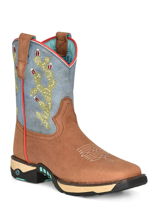 Corral Boots Ladies Farm And Ranch Dual Density Sole Square Toe Hydro Resist Boot  Tan/Blue Top Cactus