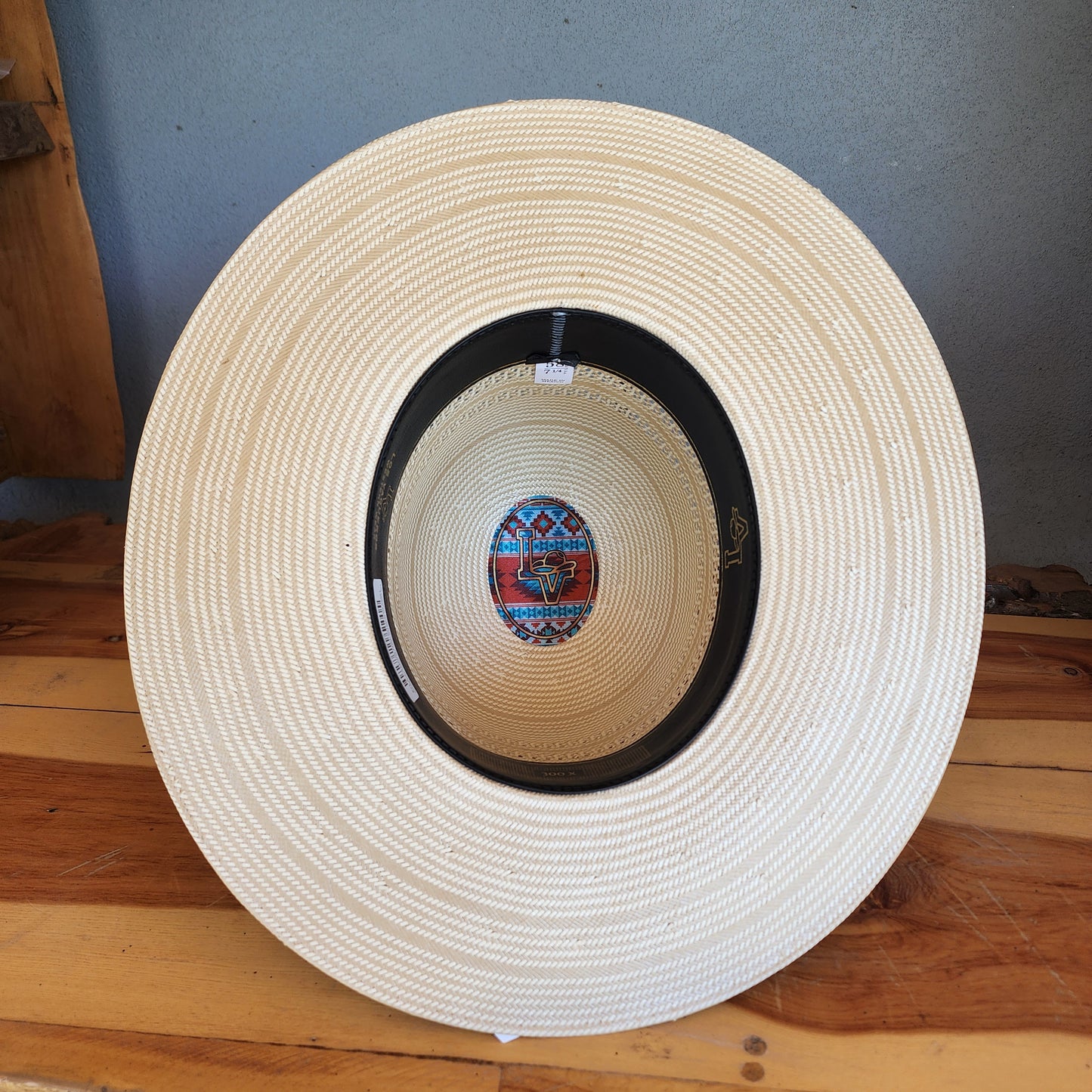 Los Vaqueros Straw Hat Open Tall Crown Two Rounds Tan White