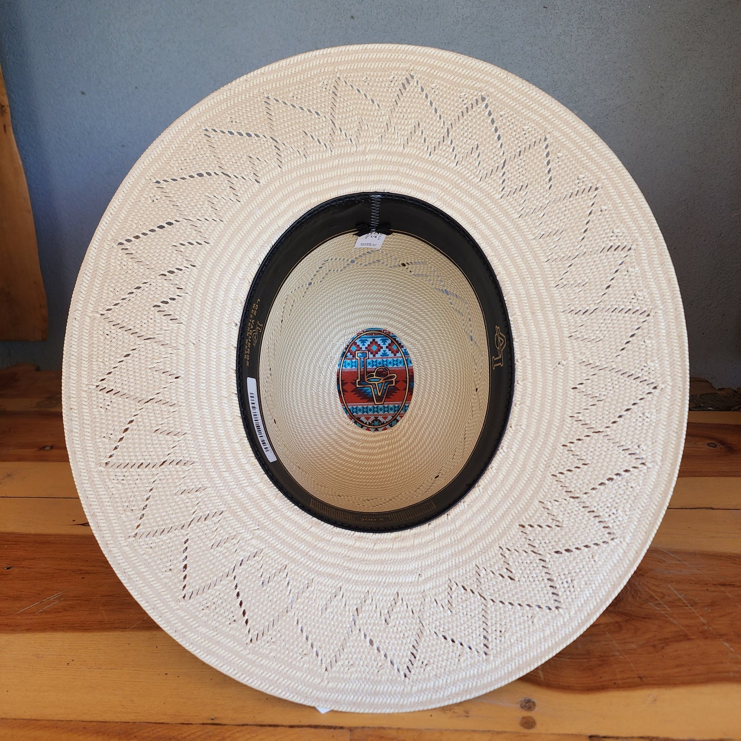 Los Vaqueros Straw Hat Open Tall Crown Hearts Tan White
