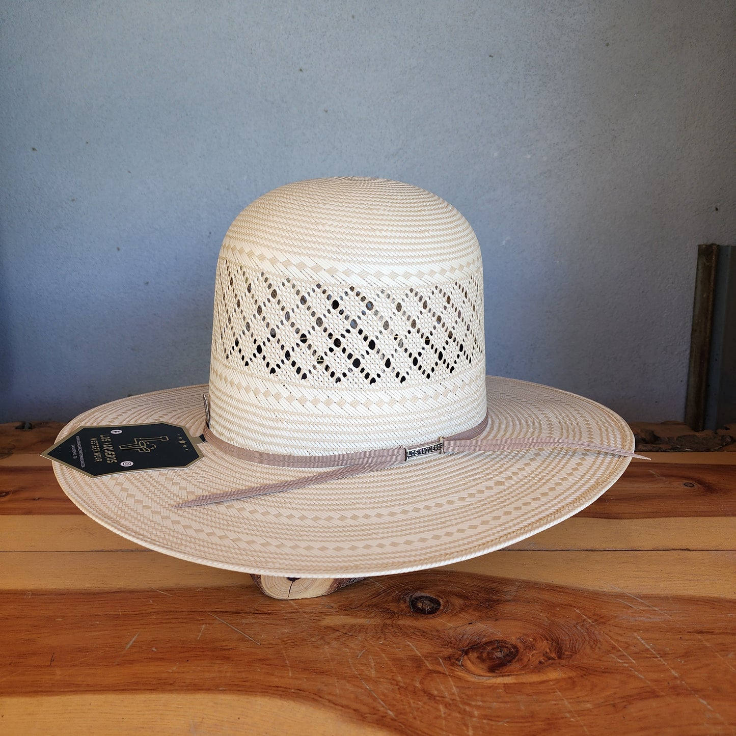 Los Vaqueros Straw Hat Open Tall Crown Patch Stripe Tan White