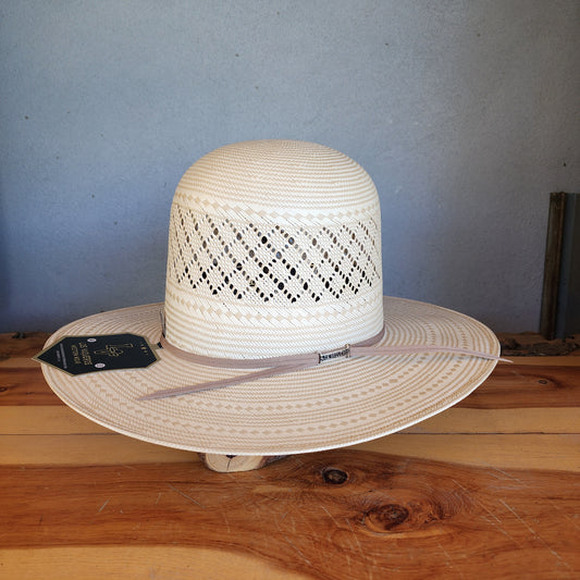 Los Vaqueros Straw Hat Open Tall Crown Patch Stripe Tan White
