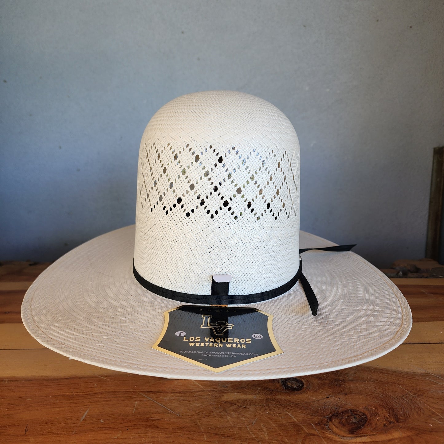 Los Vaqueros Straw Hat Open Tall Crown Patch Stripe White