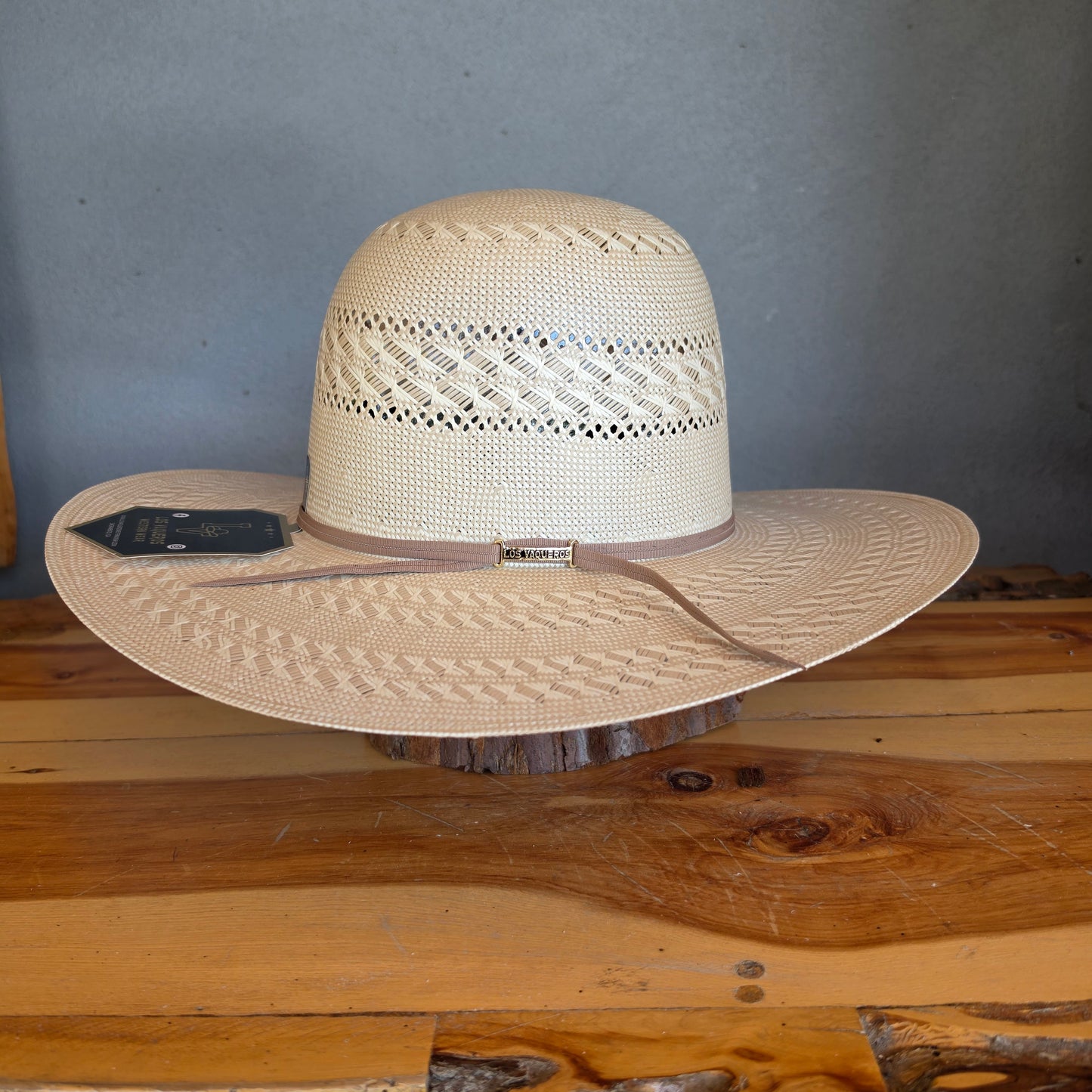 Los Vaqueros Straw Hat Open Regular Crown Ties Tan White