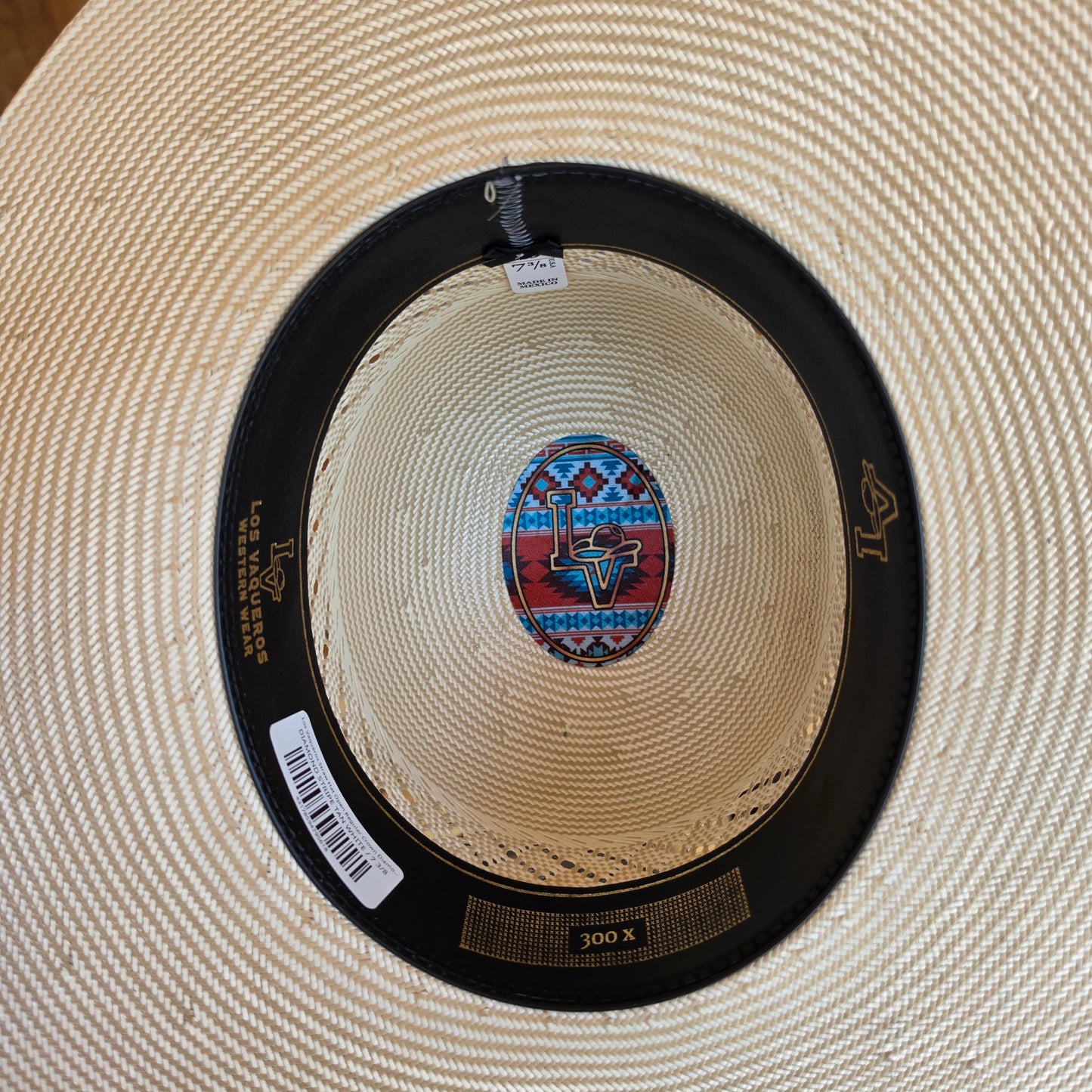 Los Vaqueros Straw Hat Open Regular Crown Diamond Stripe Tan White