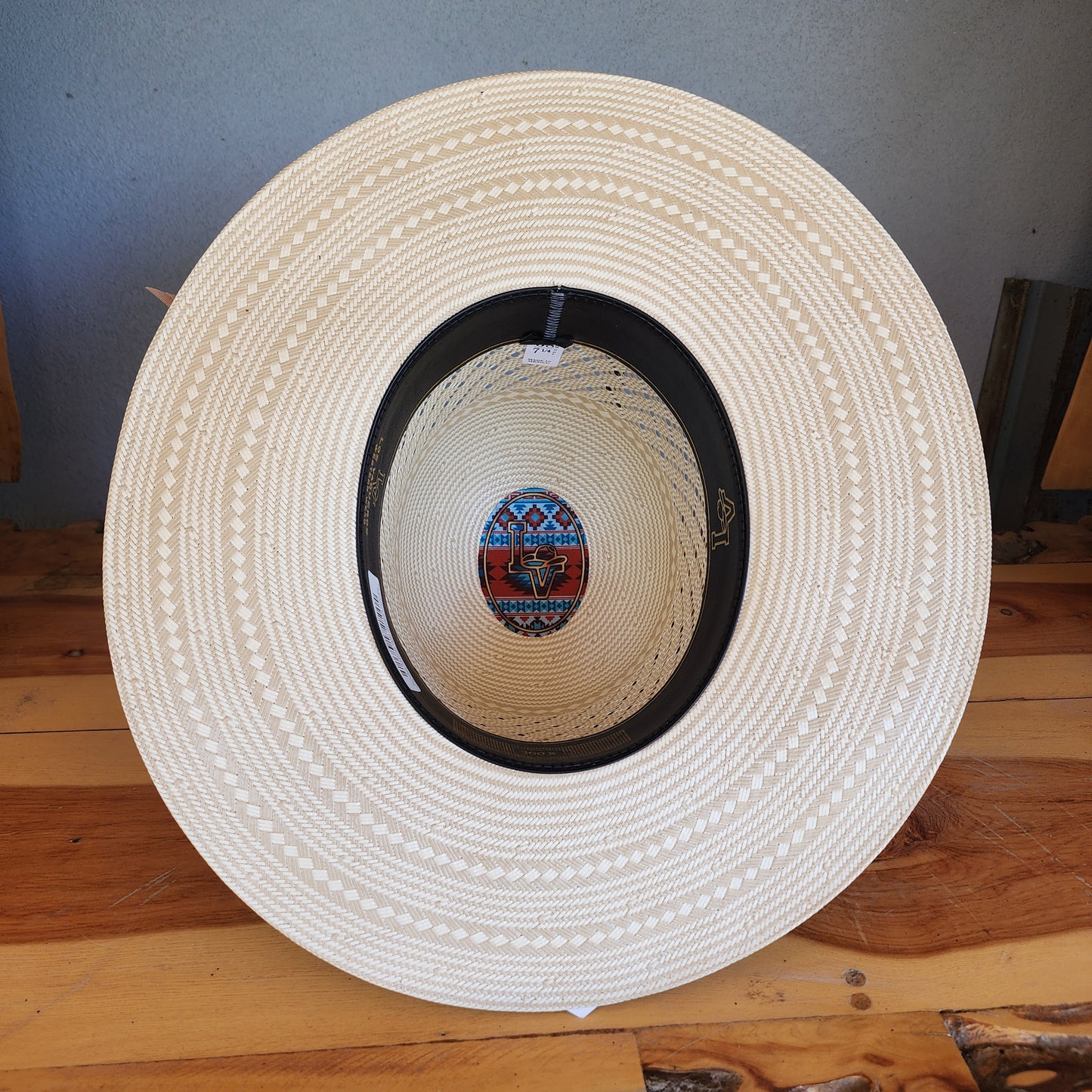 Los Vaqueros Straw Hat Open Tall Crown Patch Stripe Tan White