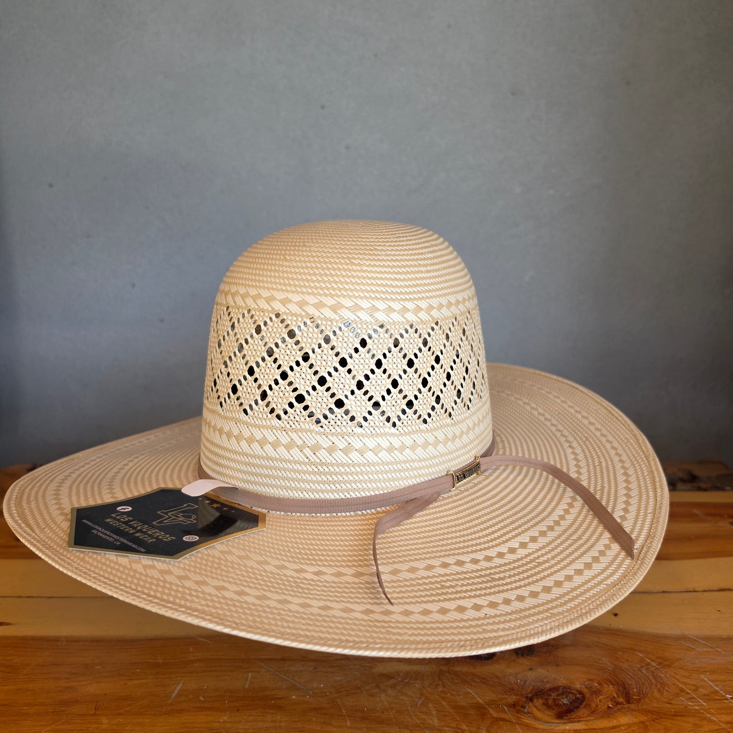 Los Vaqueros Straw Hat Open Regular Crown Patch Stripe Tan White