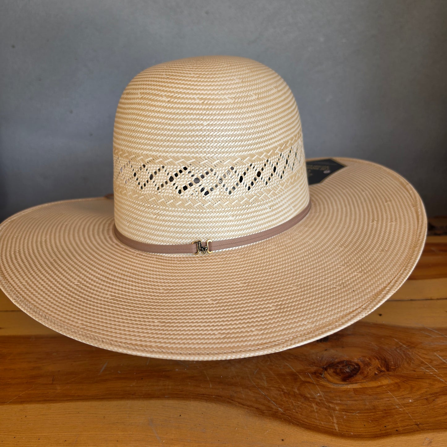 Los Vaqueros Straw Hat Open Regular Crown Diamond Stripe Tan White