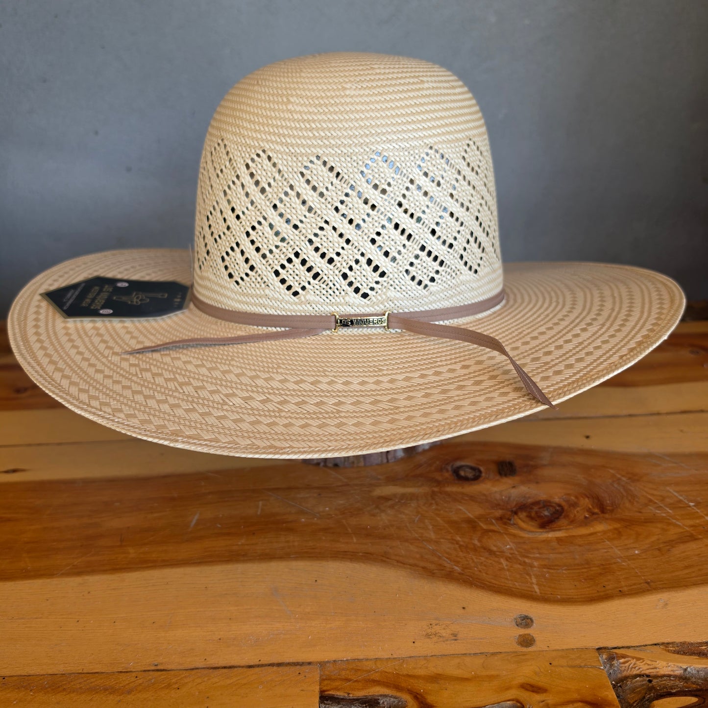 Los Vaqueros Straw Hat Open Regular Crown Shooting Diamond Tan White