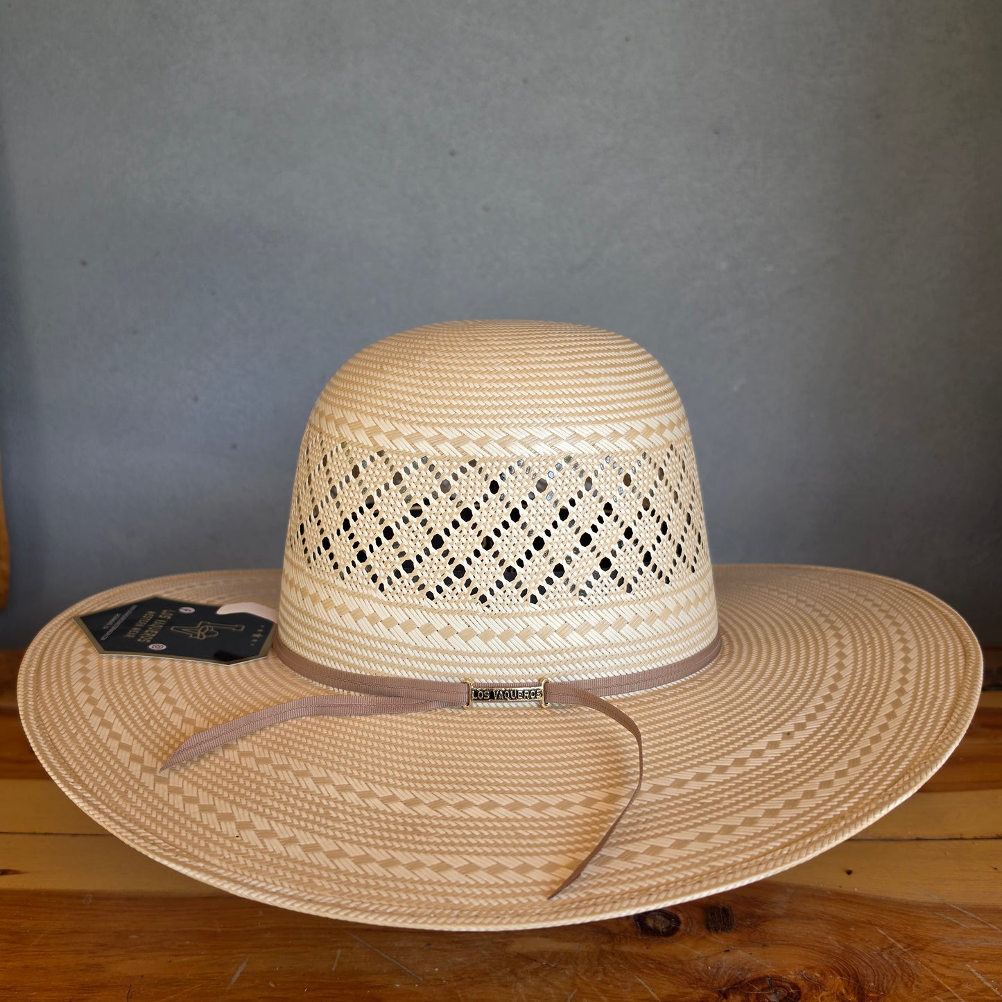Los Vaqueros Straw Hat Open Regular Crown Patch Stripe Tan White