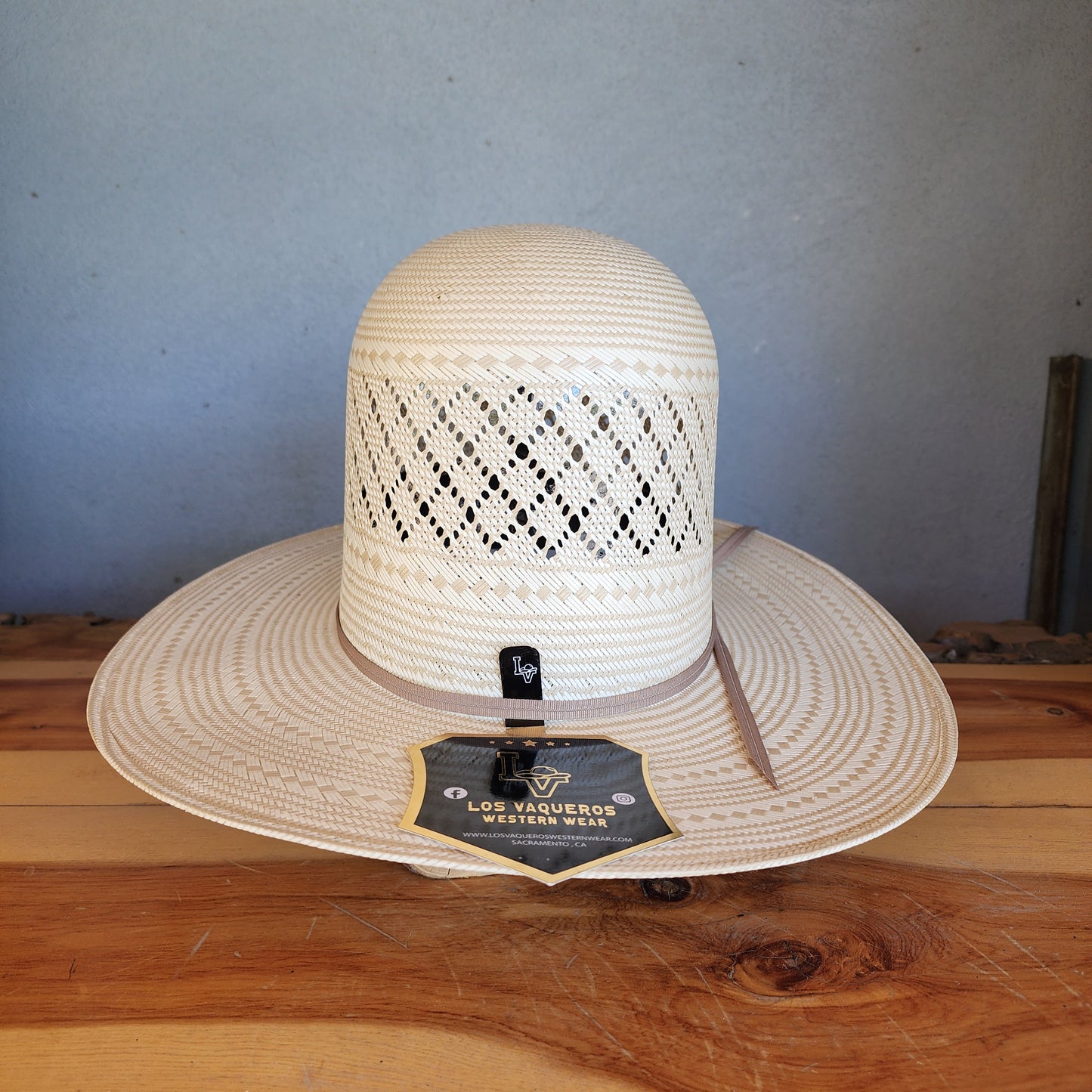 Los Vaqueros Straw Hat Open Tall Crown Patch Stripe Tan White