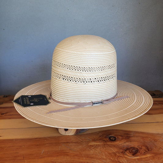 Los Vaqueros Straw Hat Open Tall Crown Two Rounds Tan White