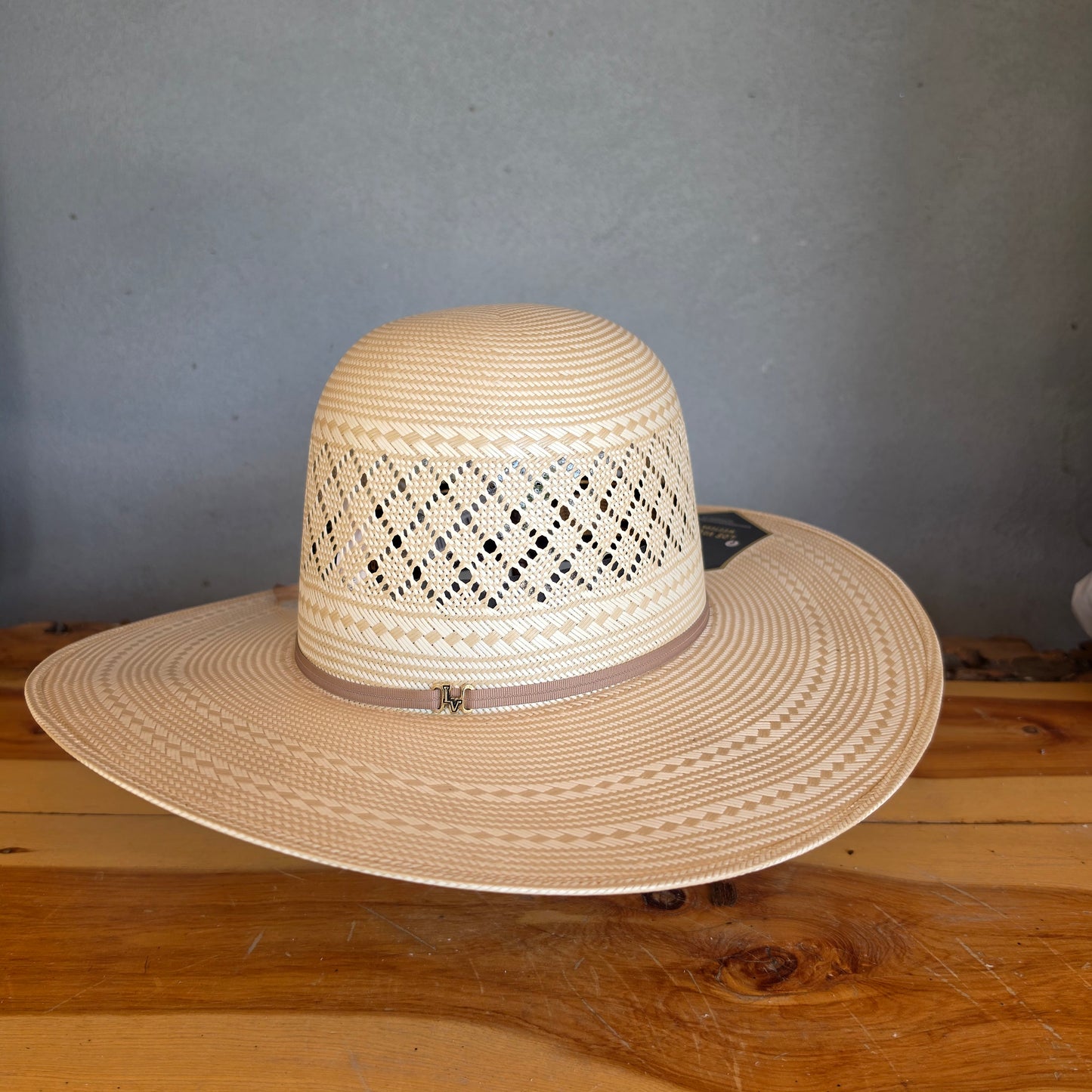 Los Vaqueros Straw Hat Open Regular Crown Patch Stripe Tan White