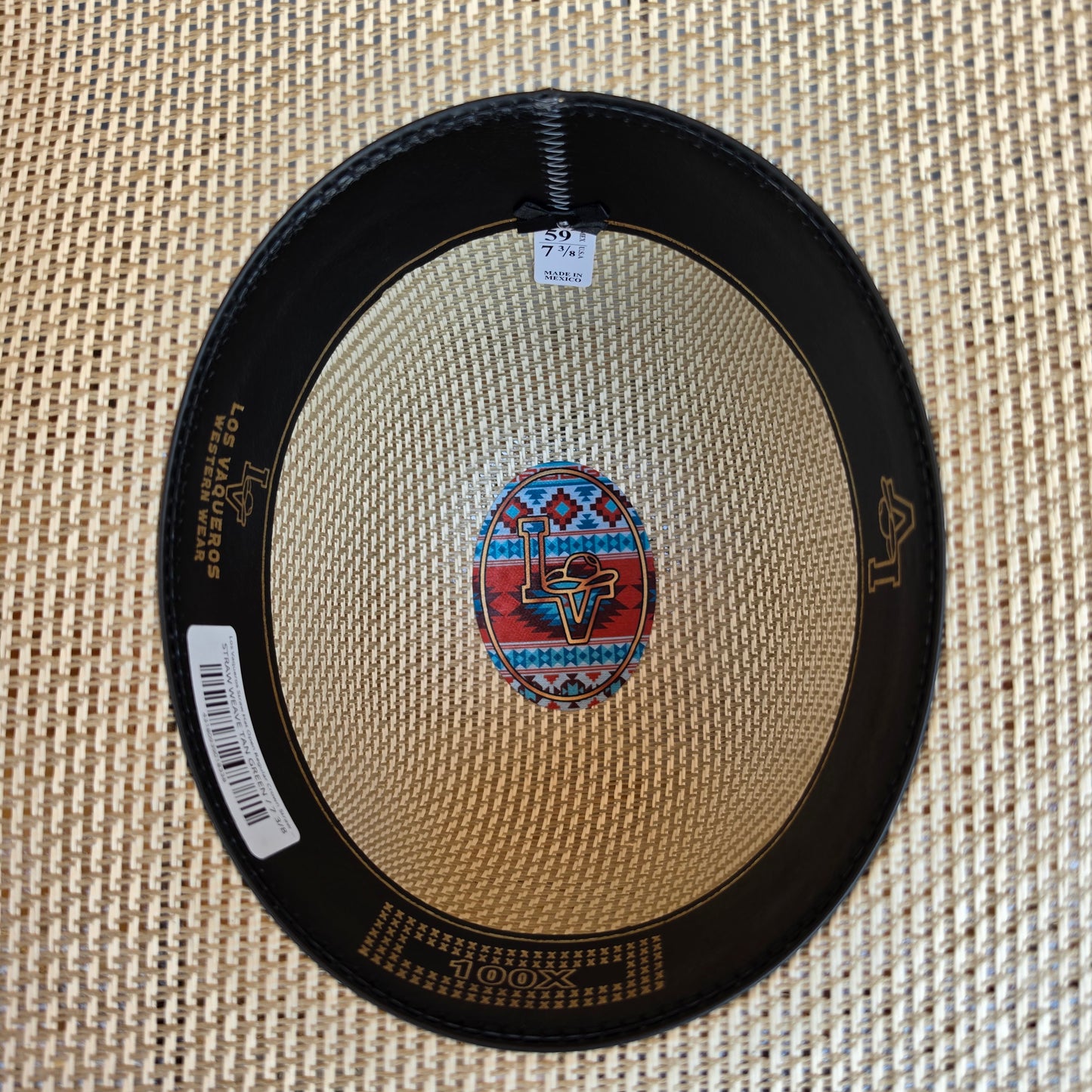 Los Vaqueros Straw Hat Open Regular Crown Straw Weave Tan Green