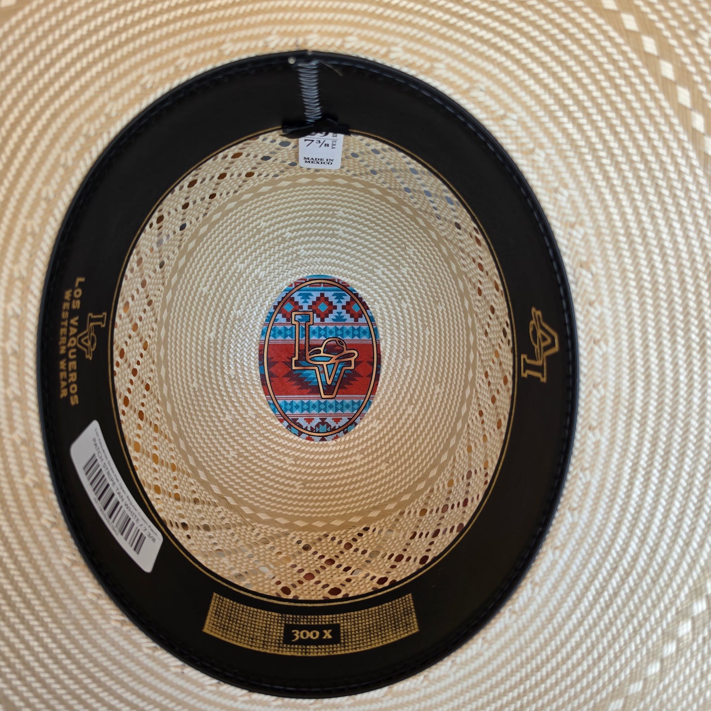 Los Vaqueros Straw Hat Open Regular Crown Patch Stripe Tan White