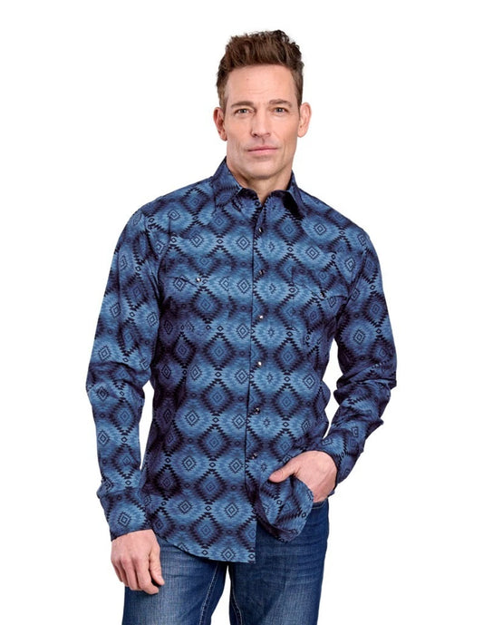 Roper Men's Long Sleeve Snap Aztec Serape Print Blue Western Shirt