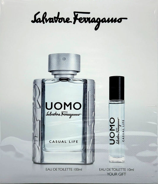 Uomo By Salvatore Ferragamo Casual Life Man Eau de Toilette Natural Spray 3.4 OZ Travel Set